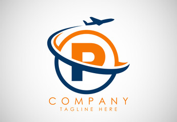 Initial alphabet P with aeroplane. Travel icons. Aviation logo sign, Flying symbol. Flight icon - obrazy, fototapety, plakaty