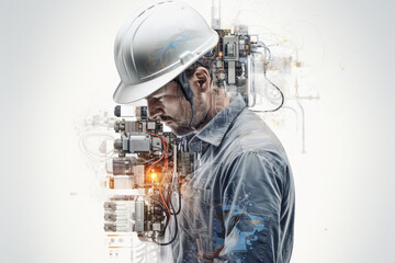 Double exposure photography of electrician and faulty circuit, on white background