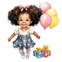 Fototapeta na wymiar Cute Birthday Baby Girl African American Watercolor Clipart Illustration