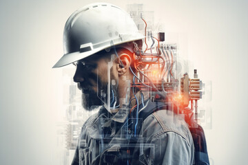 Double exposure photography of electrician and faulty circuit, on white background - obrazy, fototapety, plakaty