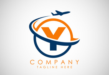 Initial alphabet Y with aeroplane. Travel icons. Aviation logo sign, Flying symbol. Flight icon