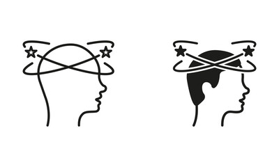 Man Feel Dizzy Line and Silhouette Black Icon Set. Tired Man with Nausea Pictogram. Migraine, Headache, Dizziness, Distracted Head Symbol Collection on White Background. Isolated Vector Illustration