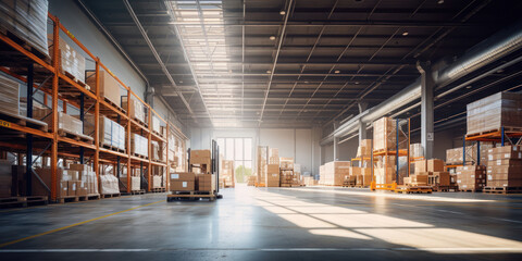 Looking straight ahead from inside a warehouse during the day - obrazy, fototapety, plakaty