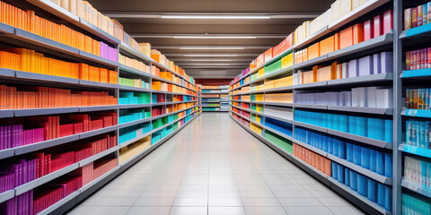 An aisle filled with a variety of shelves - obrazy, fototapety, plakaty