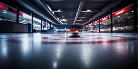 The curling rink center holds a solitary curling stone - obrazy, fototapety, plakaty