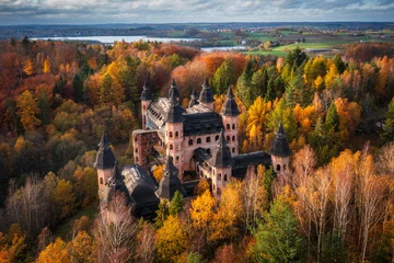 Photo sur Aluminium Gris 2 Castle in Lapalice, surrounded by Kashubian forests and lakes at autumn, Poland
