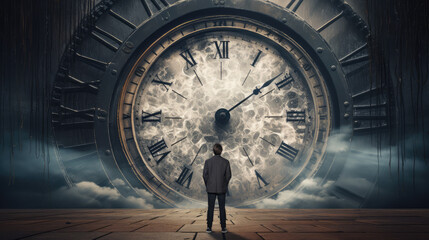 Fototapeta premium man standing in front of a large clock illustrating passage of time
