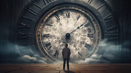 Foto op Canvas man standing in front of a large clock illustrating passage of time © akarawit