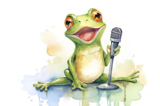 cartoon watercolor frog with microphone on white background