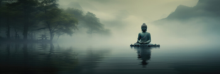 Medtitative Zen buddha statue on water backgorund. - obrazy, fototapety, plakaty