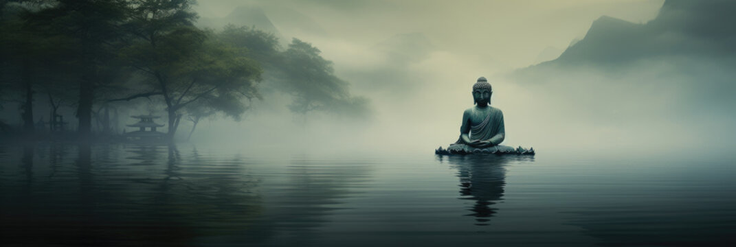 Medtitative Zen buddha statue on water backgorund.