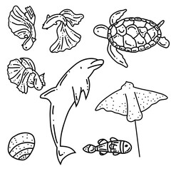 Hand drawn of ocean animals, vector illustration art.