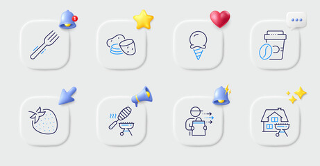 Fish grill, Takeaway coffee and Fork line icons. Buttons with 3d bell, chat speech, cursor. Pack of Home grill, Potato, Food delivery icon. Ice cream, Strawberry pictogram. Vector
