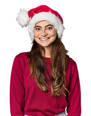 Joyful Caucasian woman in Christmas hat & red sweater