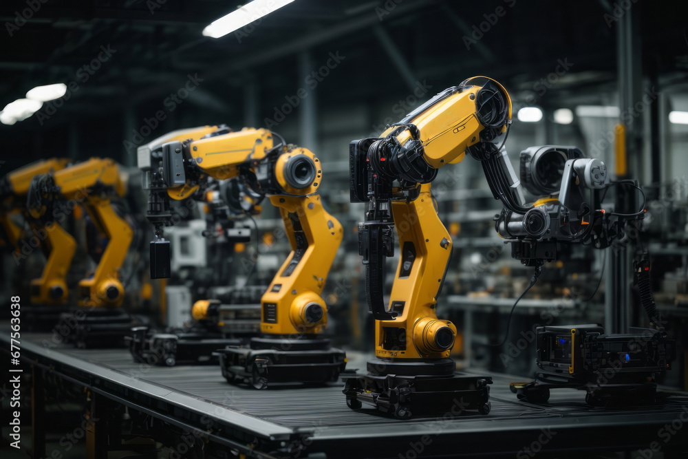 Poster industrial robot factory working in the production of various products