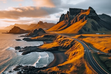 Scenic road in Iceland, beautiful nature landscape aerial panorama, mountains and coast at sunset, nordic - obrazy, fototapety, plakaty