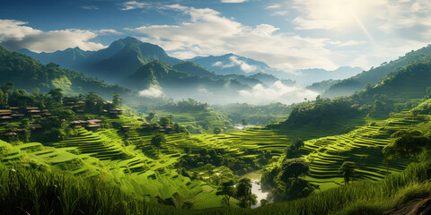 Panorama of dense jungle and terraced rice fields - obrazy, fototapety, plakaty