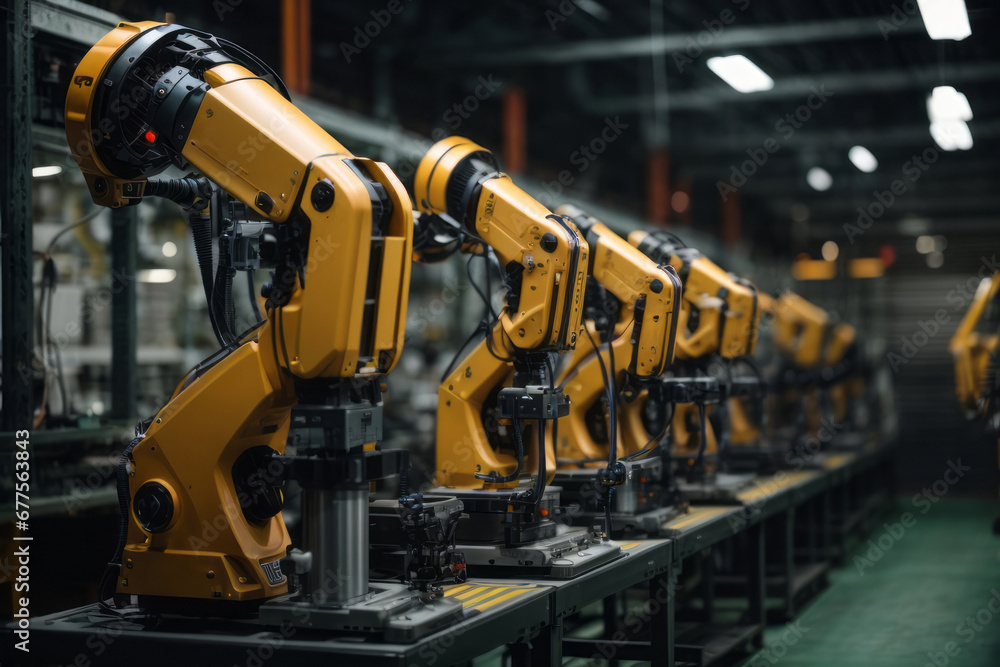 Poster The futuristic robotic arms working on the assembly of the techniques