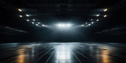 Vacant stage illuminated by overhead lights and a metallic floor - obrazy, fototapety, plakaty