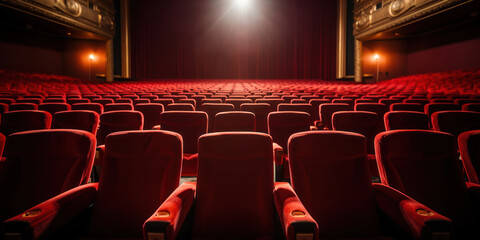 Empty chairs lining the interior of a cinema