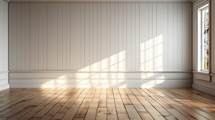 Empty room with white woodle wall and natural light