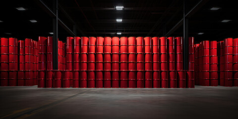 Red barrels neatly arranged in an otherwise empty warehouse - obrazy, fototapety, plakaty