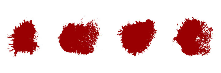 Blood Splatter Set. Red Ink Stain, Paint Brush Splash. Horror Drop Spot. Abstract Design Element with Grunge Texture. Wine Spatter, Bloodstain Collection. Isolated Vector Illustration