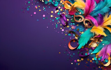 Happy Mardi Gras poster. A banner template with Venetian masquerade decorations, mask, confetti and feathers isolated on purple background, copy space. Costume party flyer for carnivals. AI Generative - obrazy, fototapety, plakaty