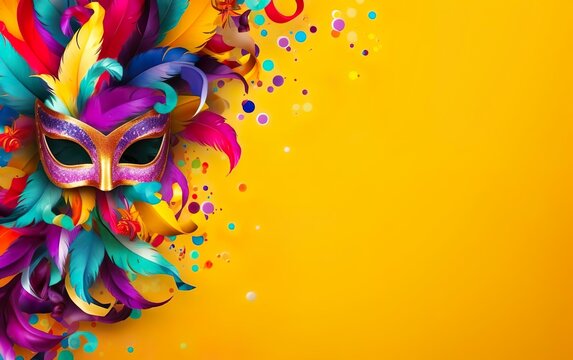 Happy Mardi Gras poster. Banner template with Venetian masquerade mask for women, confetti and feathers on warm yellow background, copy space at the right. Costume party flyer. AI Generative