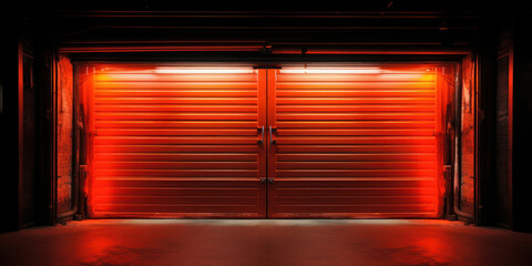 Bright neon-lit garage doors against the night