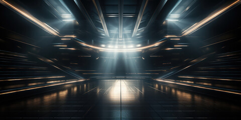 Top lights shine down on an empty stage with a metallic surface