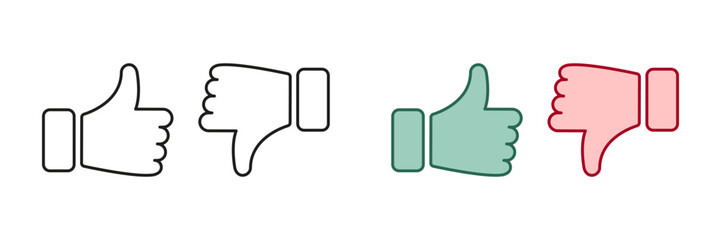 Thumb Up, Thumb Down Line and Silhouette Icon Set. Like and Dislike Pictogram. Social Media Feedback Symbol. Good and Bad Gesture Button Sign Collection. Isolated Vector Illustration