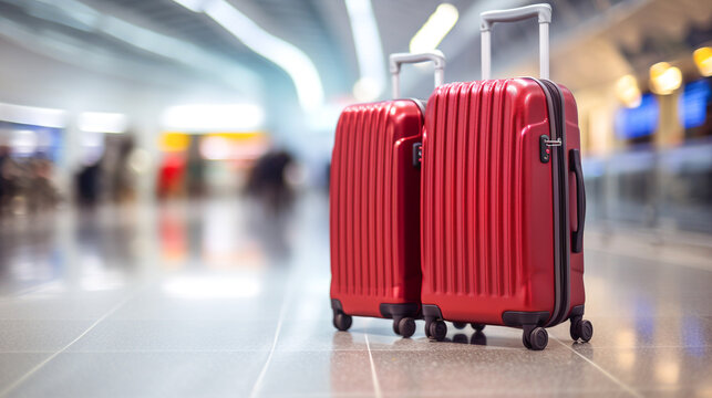 Red baggage of traveler tourist at floor in blurred airport terminal interior. Travel summer vacation concept.