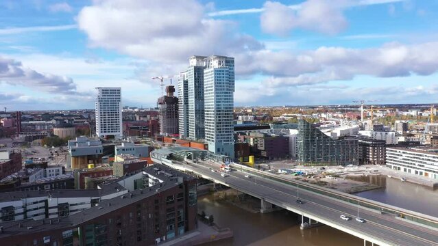 Aerial footage from Kalasatama, Helsinki, Finland. Redi shopping mall and Kulosaari bridge