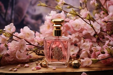 Obraz na płótnie Canvas blank bottle of luxury perfume with pink flowers background