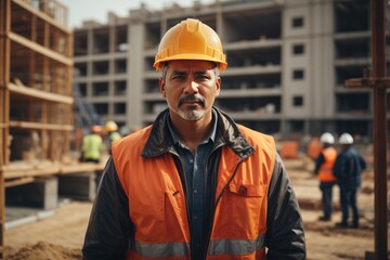 Portrait of a handsome smiling male builder wearing an orange uniform and helmet against the background of a building under construction