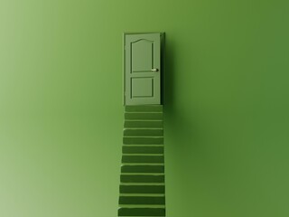 3D Minimal green background with green stairs leading to sustainable future. Concept of green business, green transition, success, business growth, business opportunity. 3D render