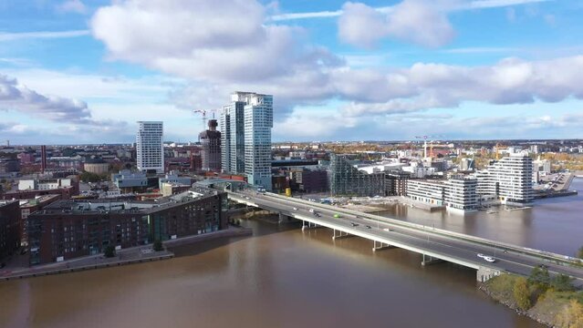 Aerial footage from Kalasatama, Helsinki, Finland. Redi shopping mall and Kulosaari bridge