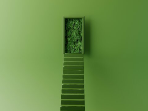 3D Minimal green background with green ladder leading to sustainable future. Concept of green business, green transition, success, business growth, business opportunity. 3D render