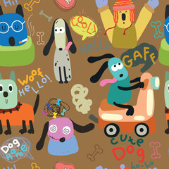 Fototapeta premium Seamless pattern with cool dogs, doodle.Kids pattern on brown background. Vector illustration.