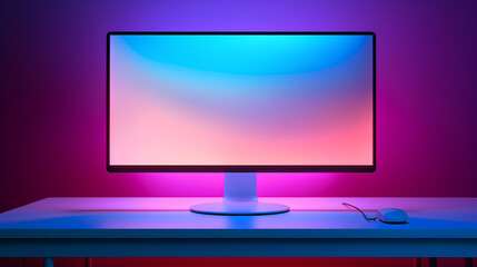 Modern monitor on elegant table, RGB lights coming out from behind the monitor - obrazy, fototapety, plakaty