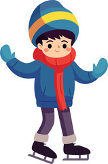 A happy child wearing colorful winter clothing is ice skating in the winter season.