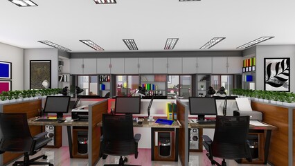 Interior photography of corporate office commercial equipment in a modern minimalist design in white and gray. 3d Rendering