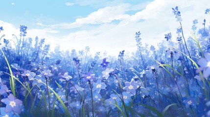 meadow blossom blue field sunlit illustration nature flower, plant season, summer landscape meadow blossom blue field sunlit - obrazy, fototapety, plakaty