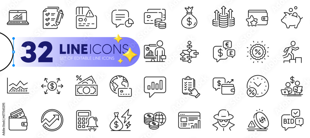 Aufkleber outline set of web report, loyalty program and inflation line icons for web with statistic, online s
