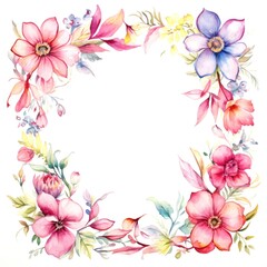 frame of watercolor flowers and leaves on white background.