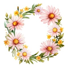 Circle frame of watercolor daisy flowers and leaves on white background.