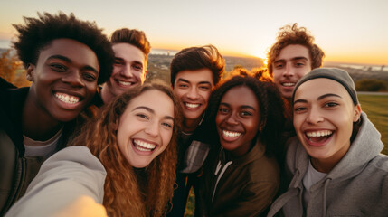 Group of young friends from different races and ethnicities who promote racial diversity and reject any form of discrimination - obrazy, fototapety, plakaty