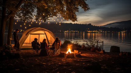 Caucasian family camping in a forest next to a lake at night with tent and campfire - Powered by Adobe