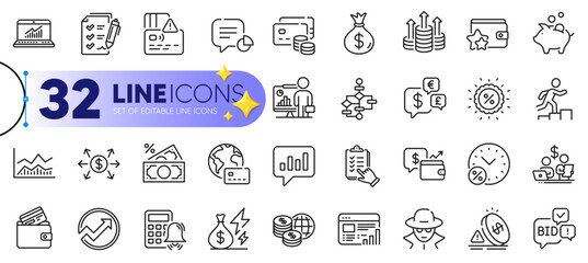 Outline set of Web report, Loyalty program and Inflation line icons for web with Statistic, Online statistics, Budget accounting thin icon. Money tax, Survey checklist, Wallet pictogram icon. Vector